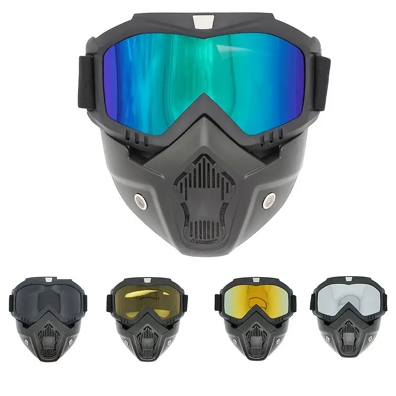Motorcycle Goggles with Removable Full Face Mask Riding Glasses Dirt Bike ATV Motocross Detachable Eyewear (Random glass Shade) - Blue Multi